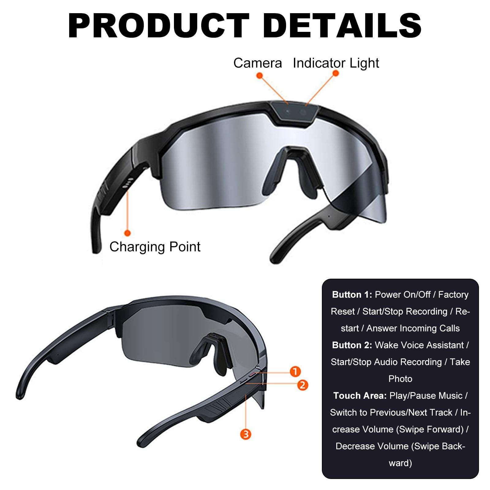 Occhiali da sole sportivi, fotocamera 1200p ciclismo Ai Smart Glasses, riconoscimento immagini AI, traduzione simultanea, minuti di riunione, sveglia vocale/cancellazione del rumore doppio microfono
