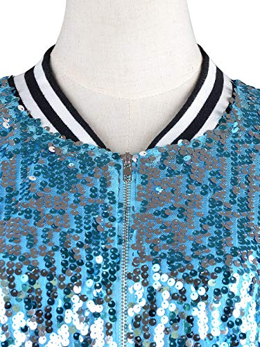 Anna-Kaci Womens Sequin Long Sleeve Front Zip Jacket with Ribbed Cuffs, Blue, Medium