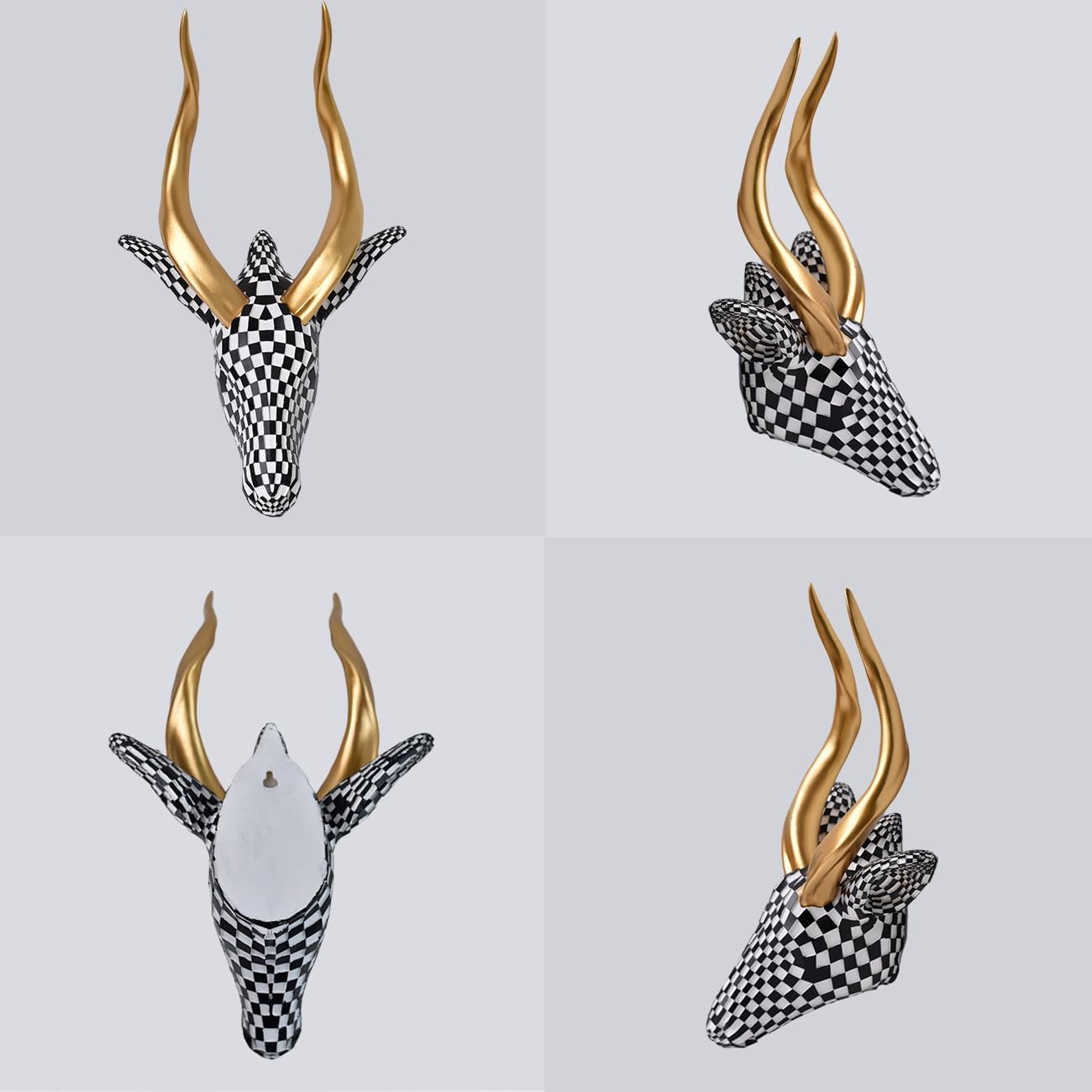 ASLASL Black And White Checkered Antelope Head Wall Decor,Faux Resin Animal Head Wall Sculpture, Modern Antelope Art Wall Hanging, Decorative Sheep Head for Living Room, Bedroom, Office (Black)