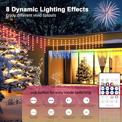 AHAWILL Icicle Lights for Outside,33ft Christmas Lights Outdoor with Dimmable 255LED,IP65 Waterproof,USB Plug in Curtain String Lights with DIY Scene Modes for Party,Roof,Halloween Decor(Multicolor) - image 2