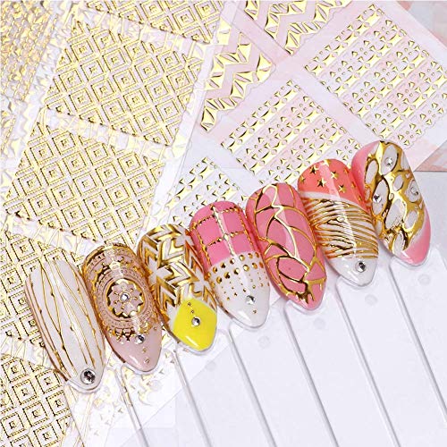 Lookathot 16Sheets 3D Gold Metallic Nail Art Stickers Decals Self-Ahesive Geometric Texture Line Mixed Design Diy Decoration Accessories Manicure Tools #TOP1