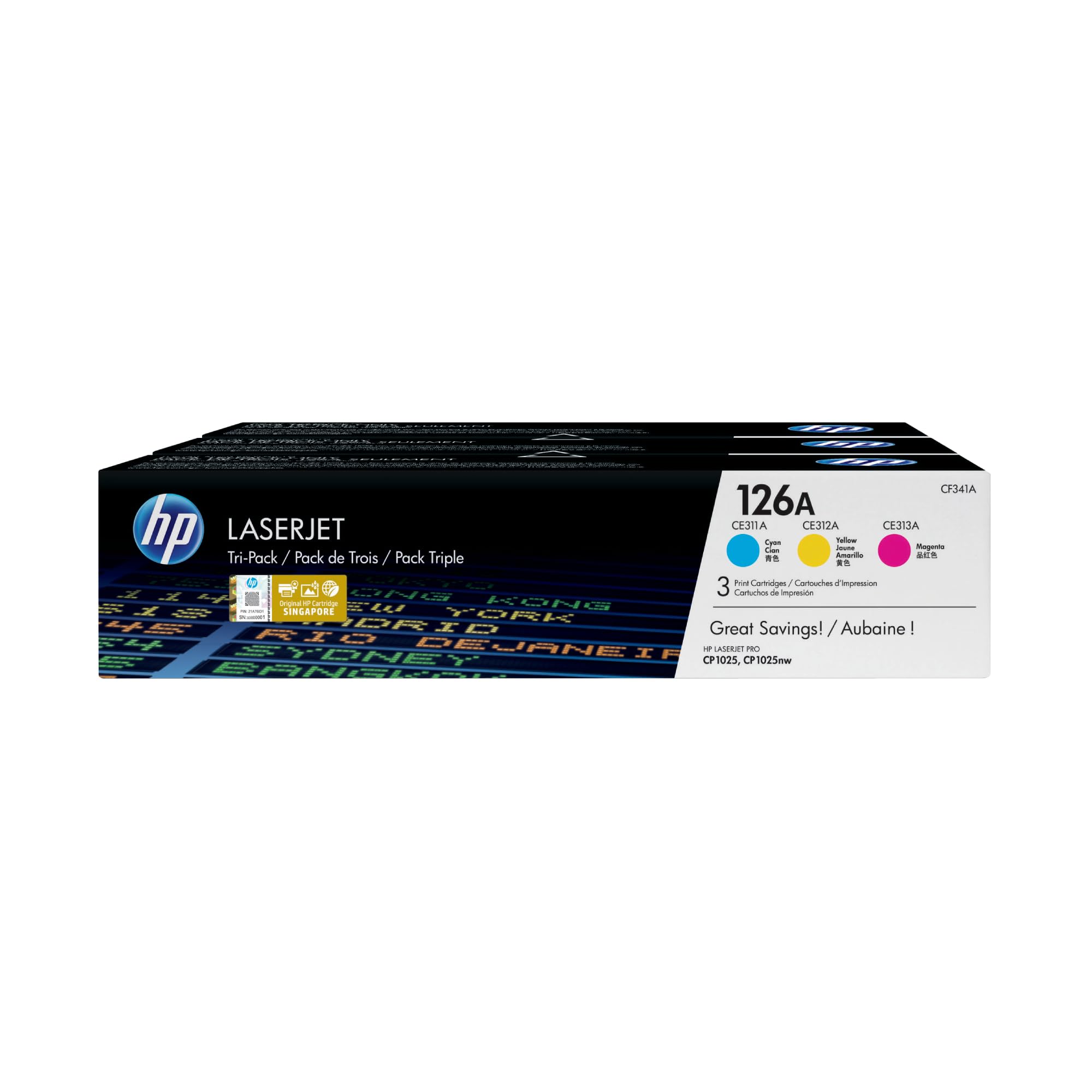 HP 126A CF341A Pack de 3, Toners d'origine, Imprimantes LaserJet Pro, Cyan, Magenta, Jaune
