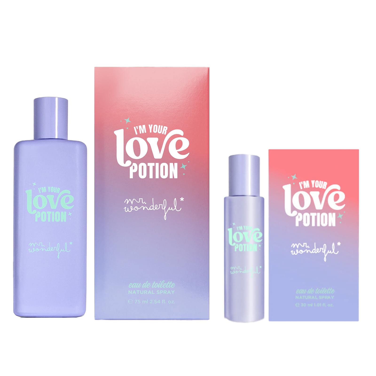 MR WONDERFUL - I'm Your Love Potion, Colonia Mujer, Promoción 75 ml + 30 ml, Pack 2 Productos, Perfume Formato Spray, Eau de Toilette Femenina, Aroma Floral Afrutado, Fragancia Fresca y Duradera