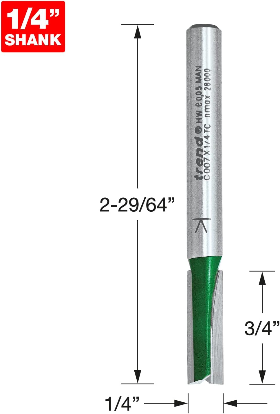 TREND Craft Pro 1/4" Shank Straight Router Cutter Bit-Ref: C007X1/4TC Diameter 6.3mm Cutting Length 19.1mm Tungsten Carbide Tipped Dia X