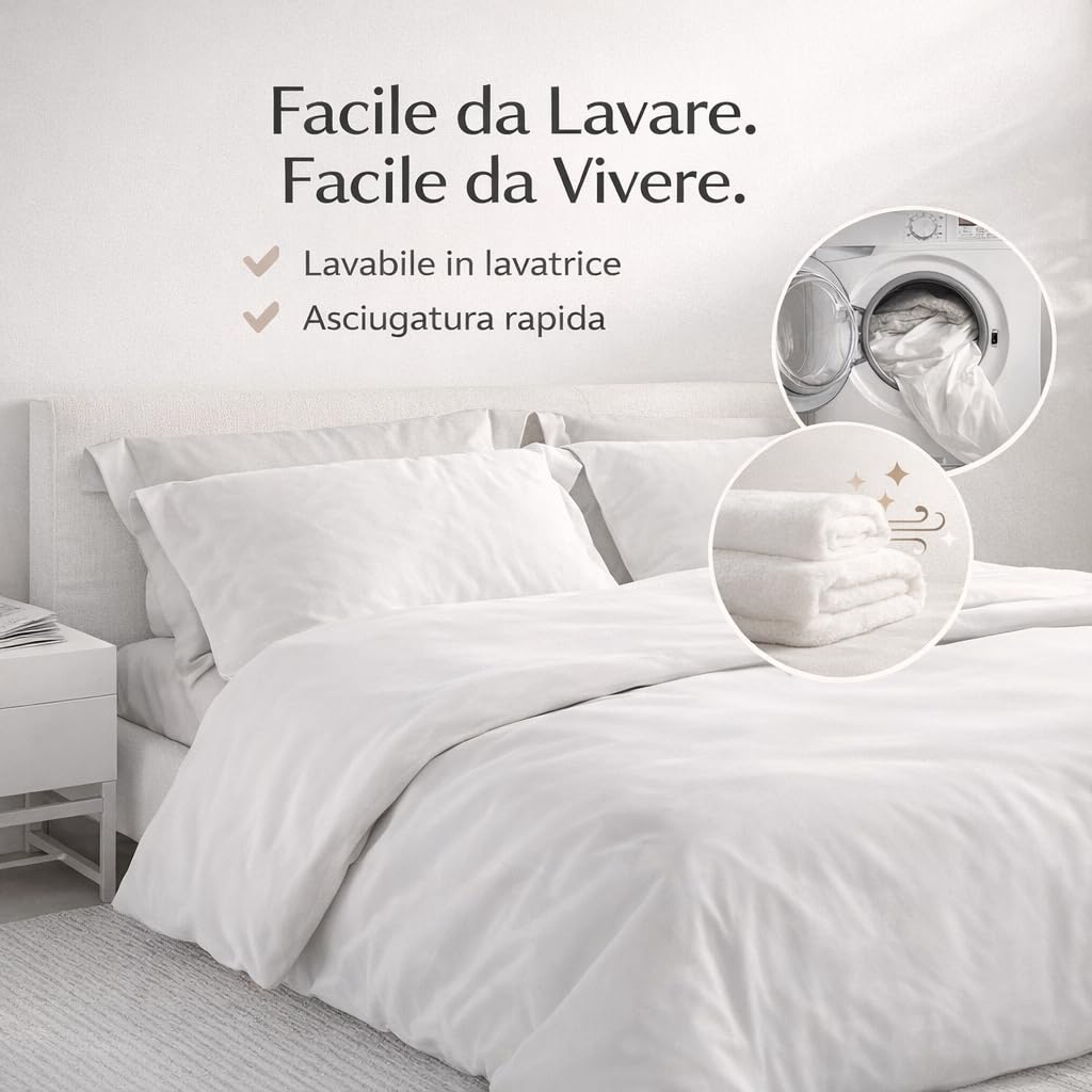 Corredocasa Copripiumino Matrimoniale e Singolo in Microfibra, Made in Italy – Set Copri Piumino Bianco con Sacco per Piumone e Federe (Una Piazza 150X200 cm)