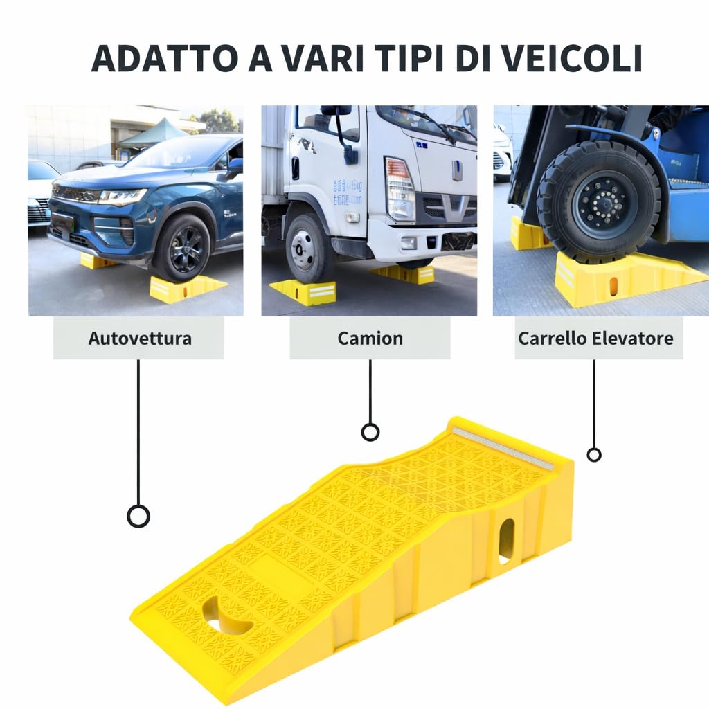 Confezione da 2 rampe per auto, capacità di carico 4.500 kg per coppia, con adesivi di avvertimento riflettenti, colore giallo