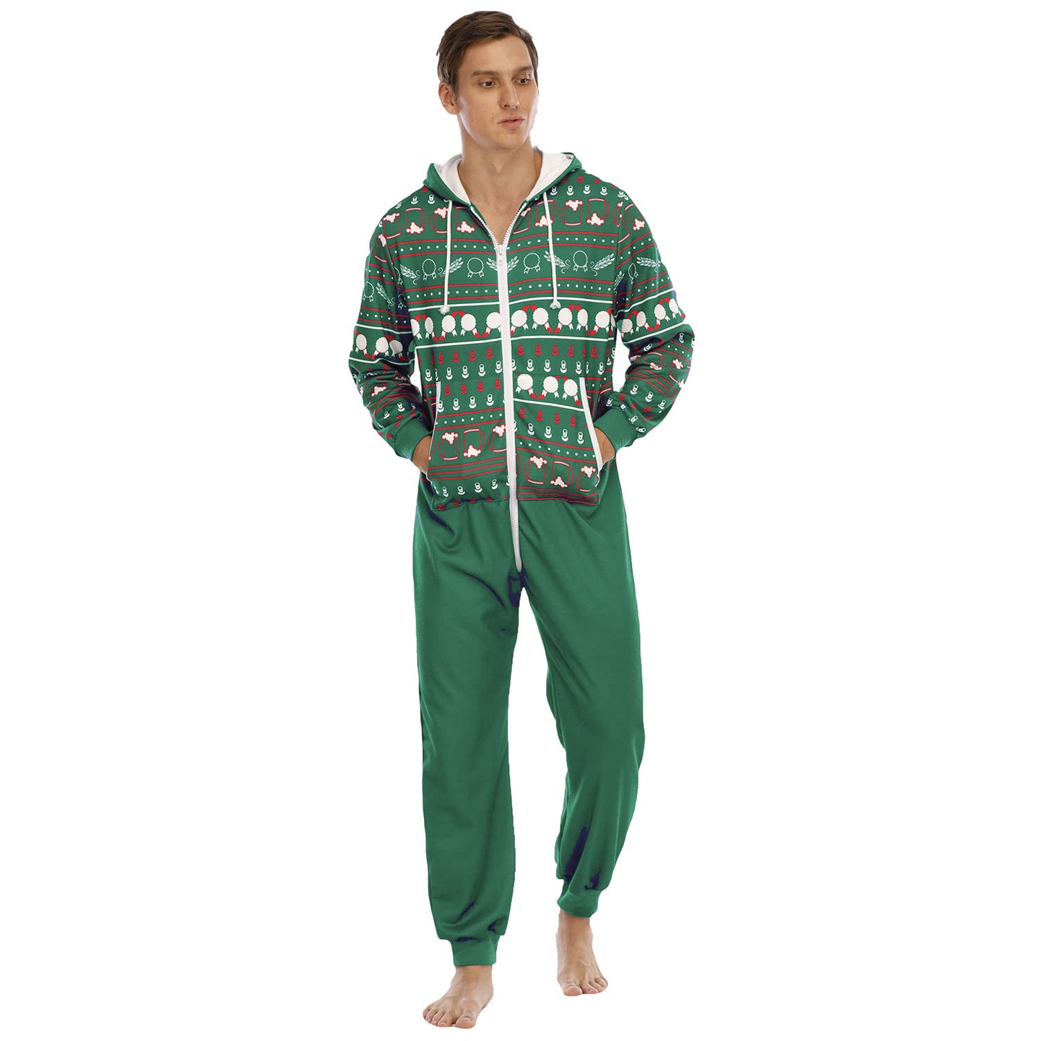 Navidad Pijama Hombre Una Pieza Pijamas Mono Entero con Capucha Otoño Invierno Manga Larga Deportivo Adulto Onesie Ropa de Casa Dormir