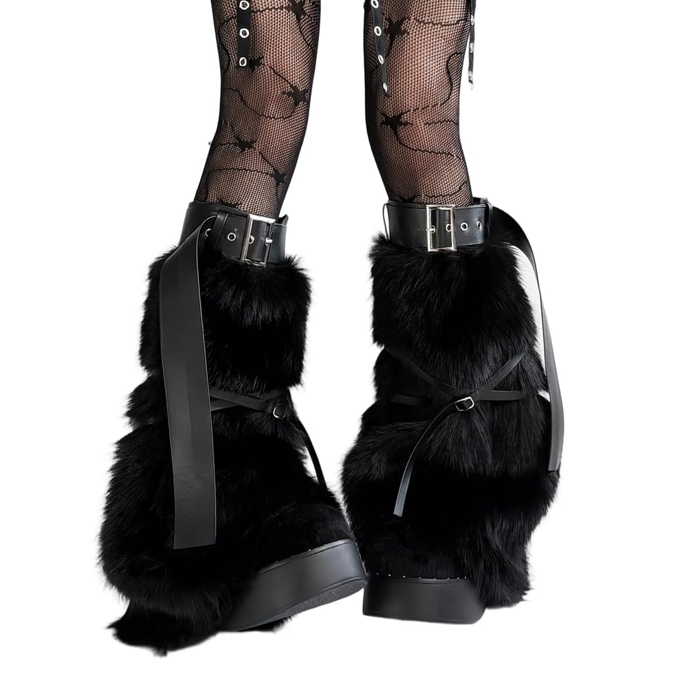 Womens Faux Fur Leg Warmer Y2k Winter Warm Fuzzy Soft Boot Cuffs Covers with Leather Straps