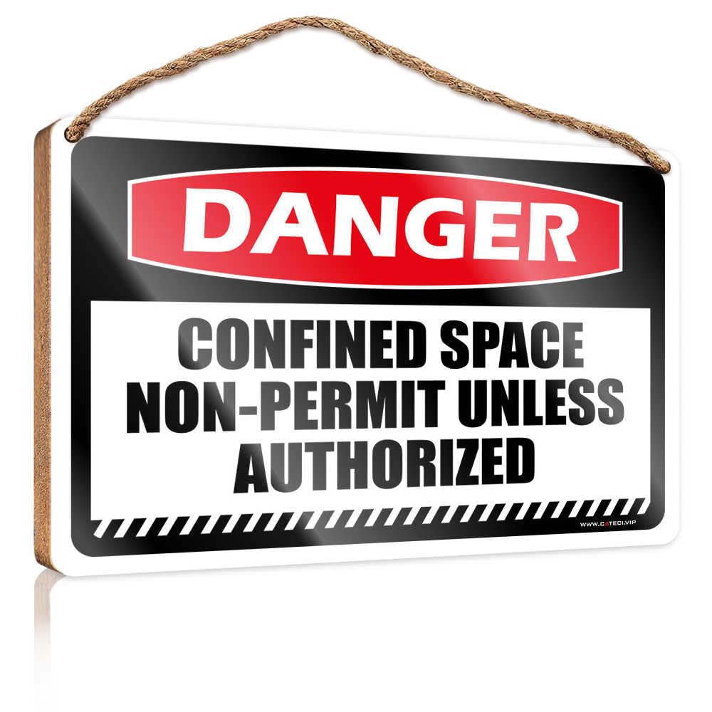 HMQW Vintage Bathroom Sign Danger Confined Space Non-Permit Unless Authorized Wooden Sign Hanging Decor Outdoor Porch Man Cave Furniture(23X35CM)