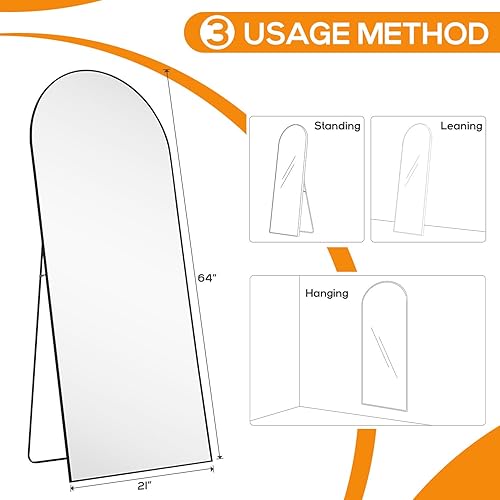 Miniatura 7 de Espejo arqueado de longitud completa, espejos de pared de cuerpo mejorado de 21 x 64 pulgadas con vidrio inastillable, para colocar de pie, colgar o