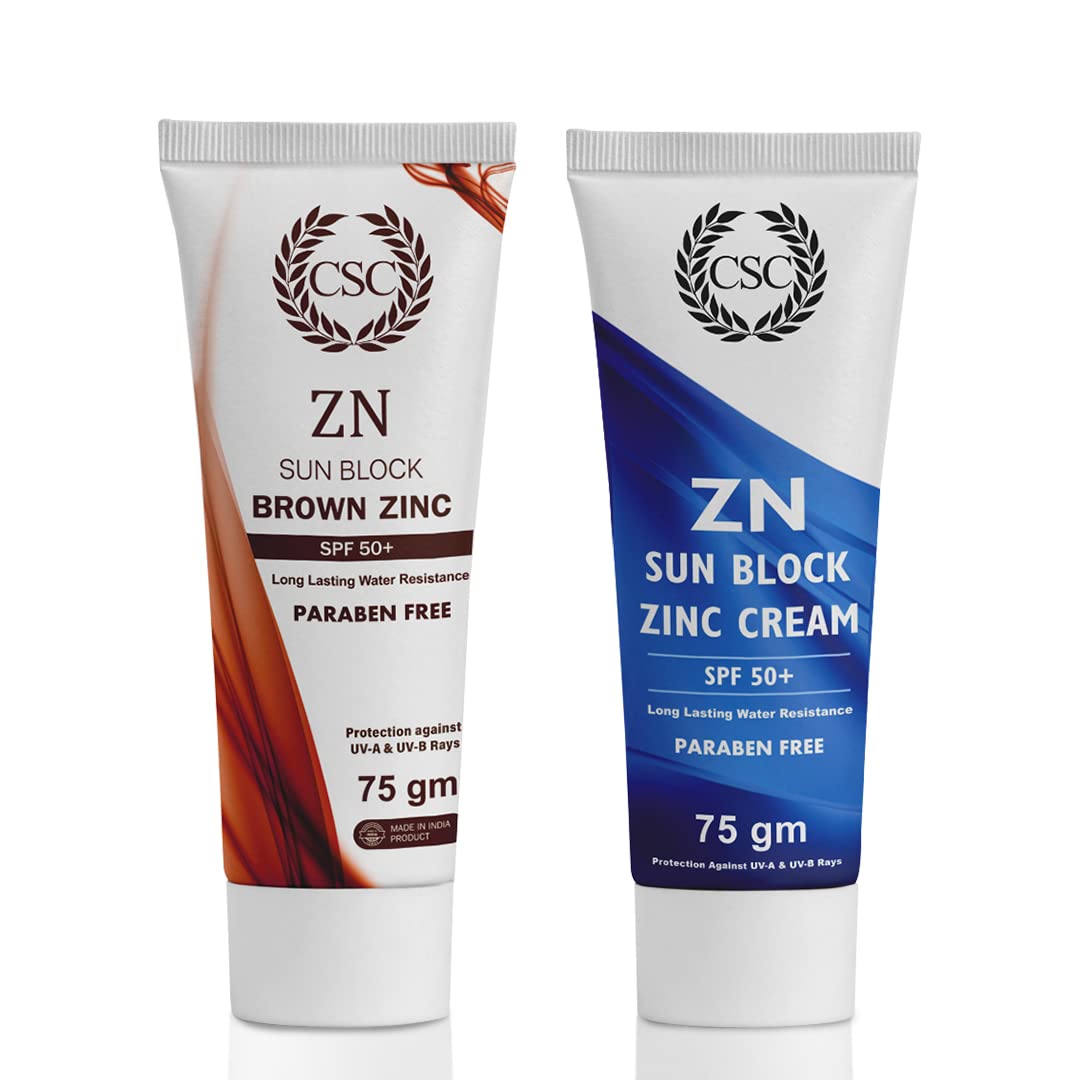 CSC ZN Sunblock Zinc Oxide Cream - SPF 50+ Broad Spectrum Sports Sunscreen, Sweat & Water Resistant, Paraben Sulphate Free, 75g, Brown And White , Pack Of 2