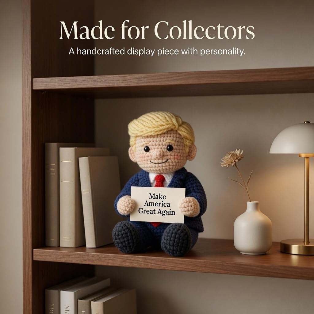 Donald Trump Crochet Emotional Support Doll - Handmade "Make America Great Again" Knitted Plushie with Red Tie & Card - Funny President Trump Gag Gift, Merchandise Memorabilia for Men Women (1PCS)