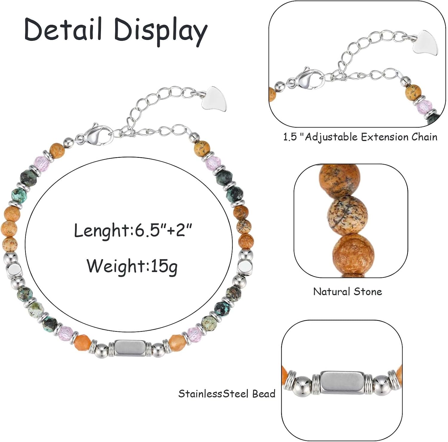 Gemstone Beaded Bracelets For Women,Boho Stainless Steel Bracelet，Jewelry Gifts For Family, Friends, Parents