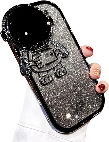 Miniatura 9 de Funda de teléfono con soporte oculto de astronauta para iPhone 14, bonito protector de cámara de lente de astronauta 3D, con purpurina de lujo,