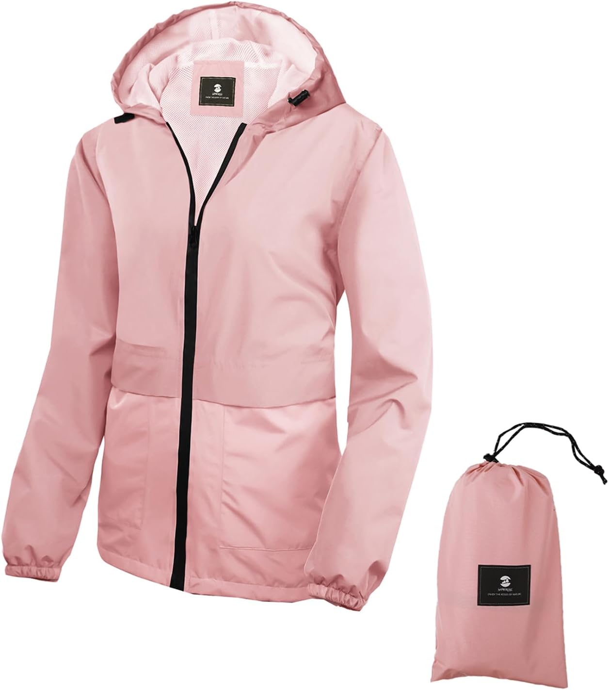 SaphiRose Lightweight Rain Jacket Women Waterproof Raincoat Packable Hooded Windbreaker (Pink,Small)