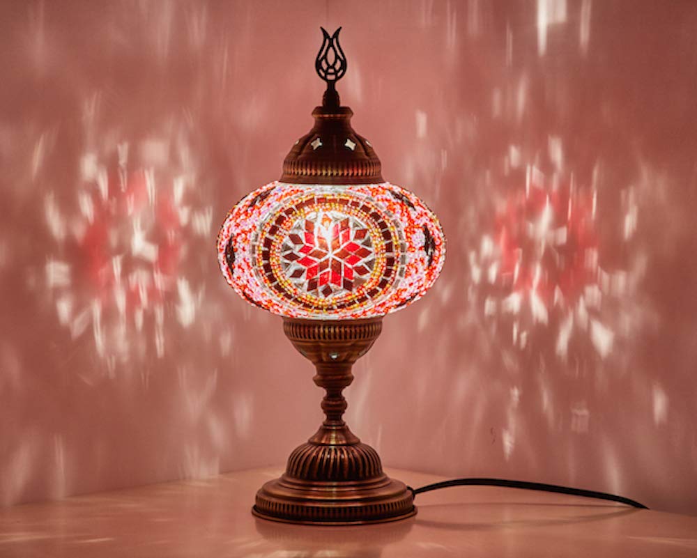 Demmex Pink, Red Turkish Moroccan Mosaic Table Bedside Night Tiffany Colorful Lamp Light Lampshade, 36Cm, Red Pink