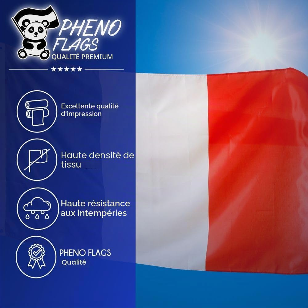 PHENO FLAGS Drapeau France 90x150cm – français - qualité premium - extrêmement résistant aux intempéries, avec œillets en laiton, 100% polyester, coutures doubles robustes & couleurs éclatantes