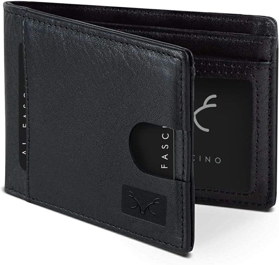 Minimalist Leather Wallet for Men - Ultra Strong Stitching, Slim RFID Card Holder, 8 Card Slots (Black Small)