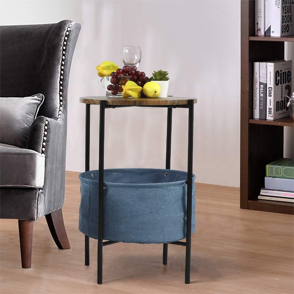 Exclusive Discount 🔥 End Table Nightstand Side Coffee Table - Wood Metal Frame Fabric Storage Basket Round for Livingroom Bedroom Detachable(Wood-Blue Bag, 2-Layer)