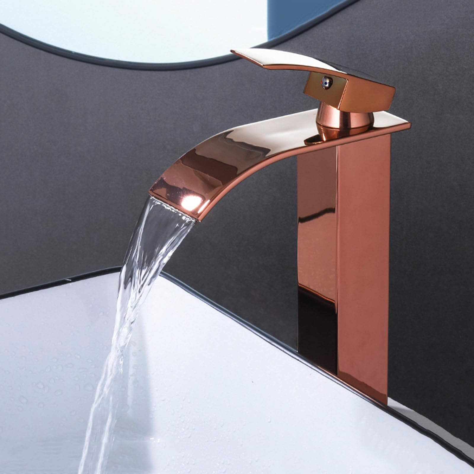 Waschtischarmatur Wasserfall, Warm- Und Kalt-Einlochmischer Wasserhahn Bad Hoch, Einhebelmischer,Roségold,hoch