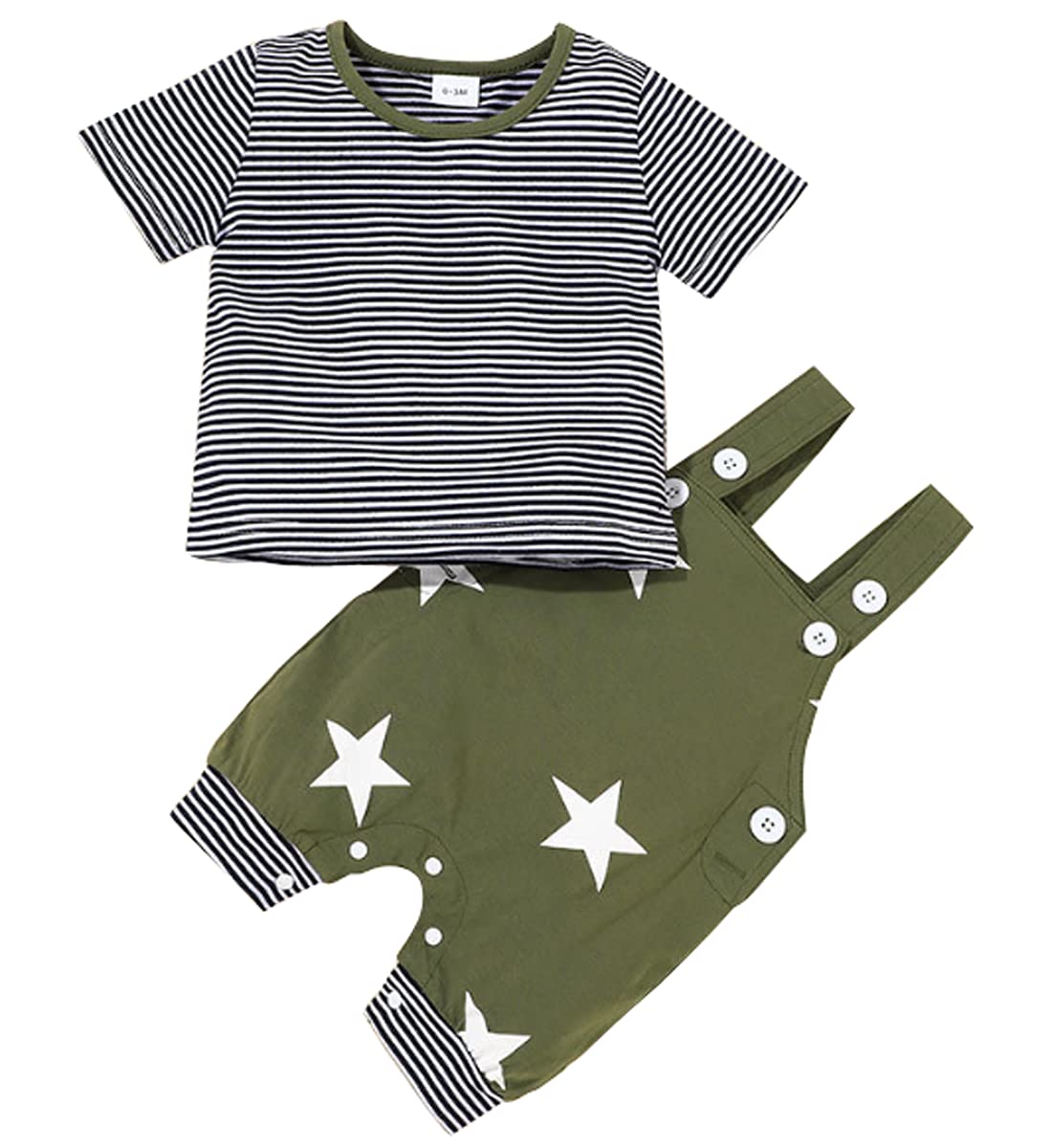 DINGDONG'S CLOSET Baby Tollder Summer Striped Short Sleeve T-Shirt+Star Short Overalls Outfit Set(Green, 18-24M)