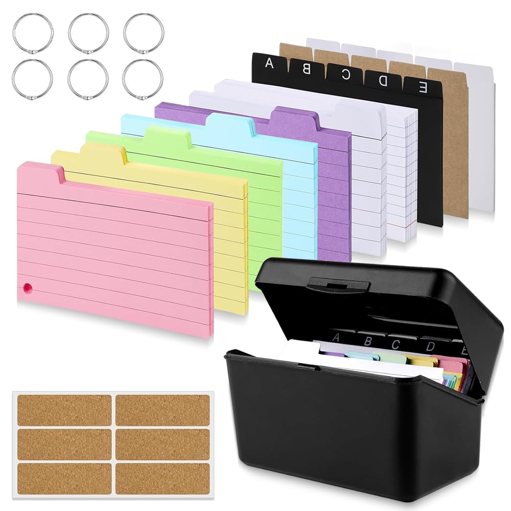Wzhtuzi Index Cards Box Black, 240 Index Cards, 5 Kraft Labels, 6 Folder Rings and 6 Kraft Stickers, Index Card Box Set
