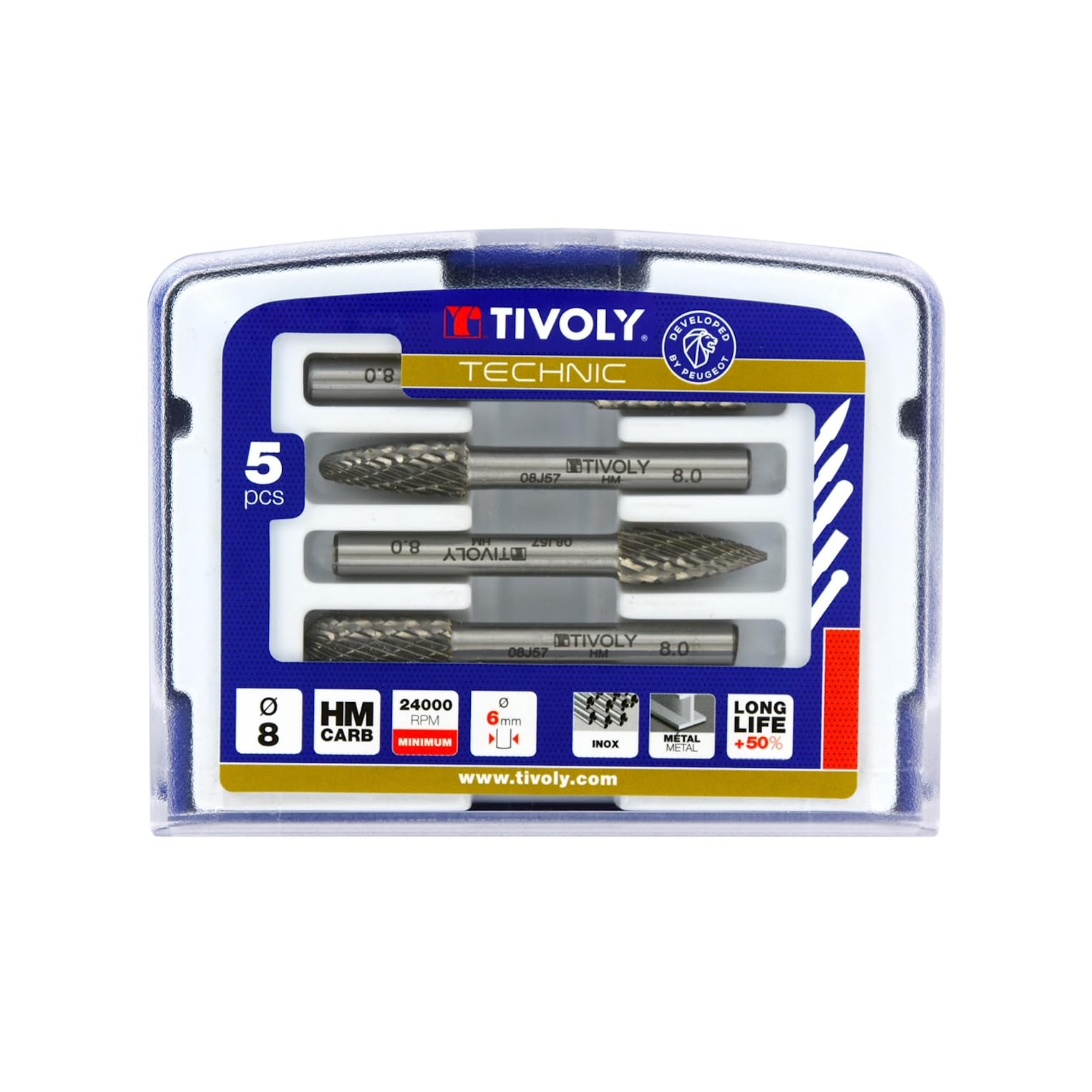 TIVOLY - Caja de 5 Fresas de Limas para Metales Ø8 mm - Vástago Cilíndrico Ø6 mm - Cabeza de Carburo de Tungsteno - Dentado Rompevirutas