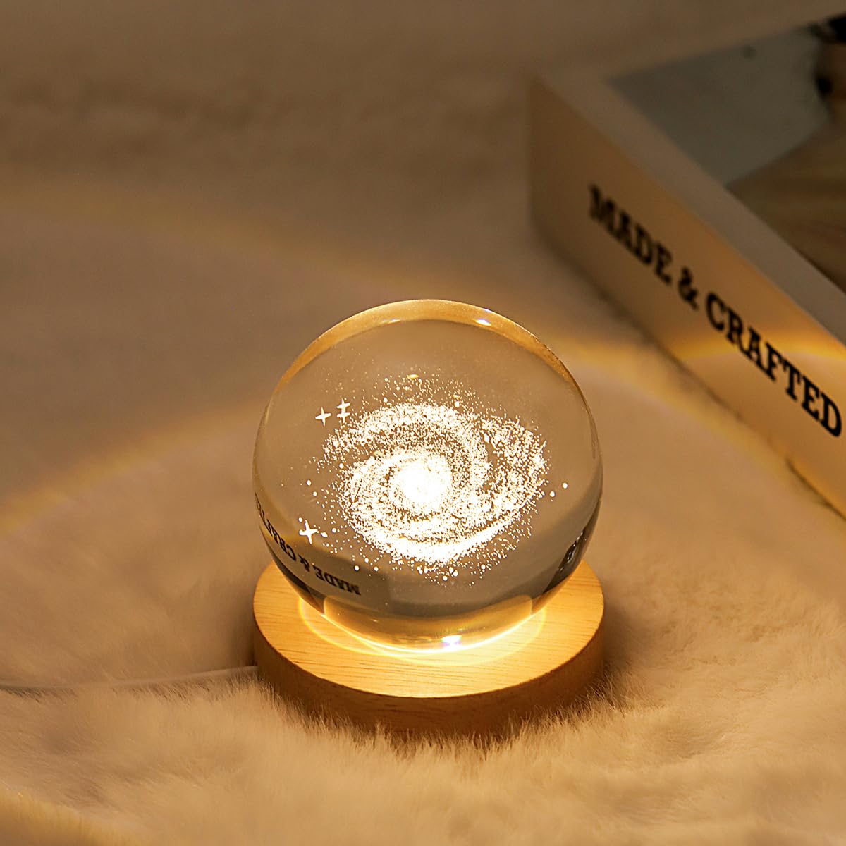 Lámpara de bola de cristal de galaxia 3D con LED regulable y base de madera, luz nocturna para niños, adolescentes y adultos, decoración de escritorio en casa, oficina, dormitorio, regalo de 3
