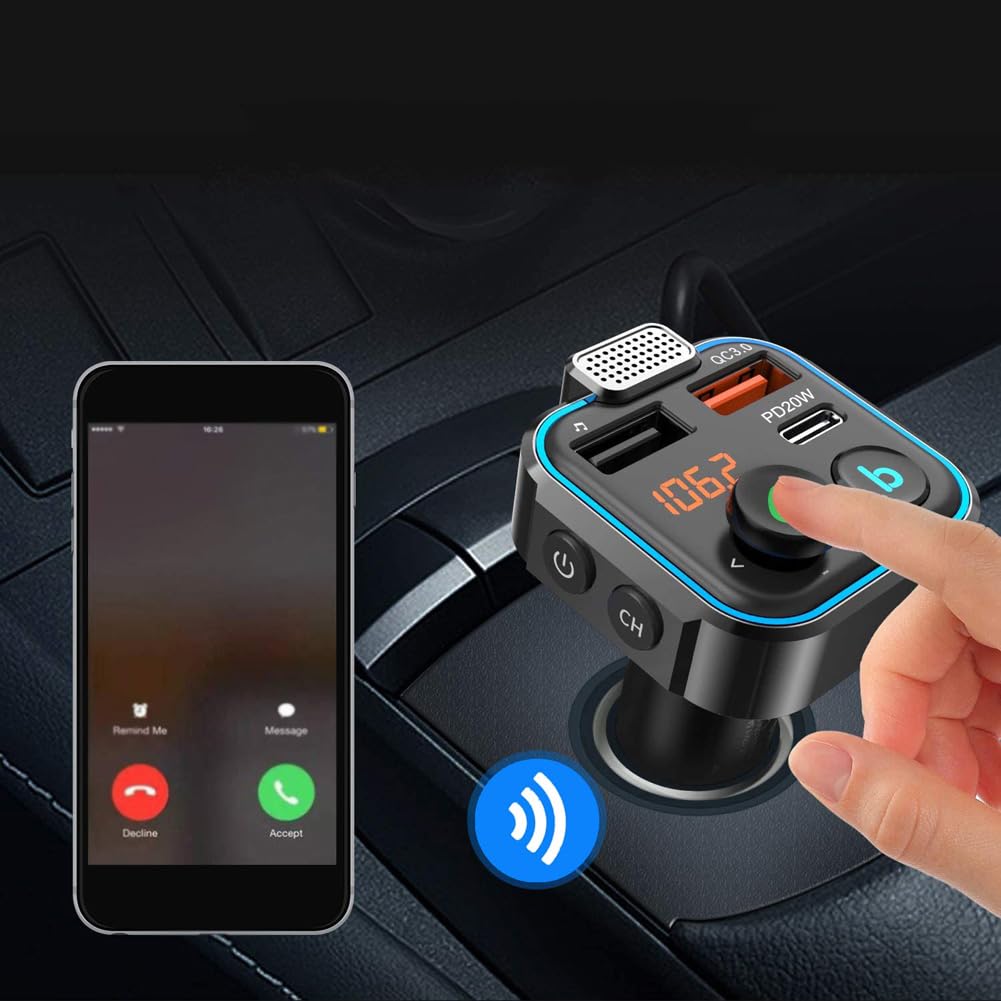 Transmisor FM para Coche 5.0 con Llamadas Manos Libres, Carga rápida PD 20W QC3.0, Reproductor de MP3