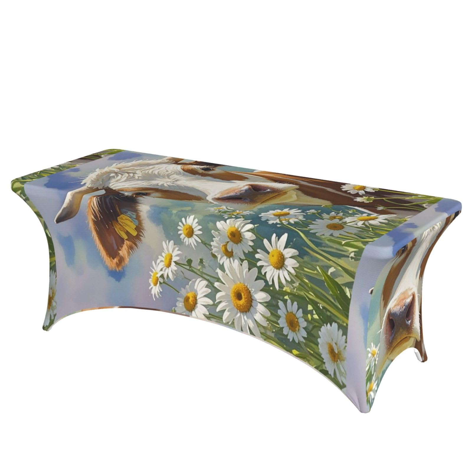 LMNGH Watercolor Cow and Daisy Flower Decorative Tablecloth Protector for Wedding, Banquet & Parties6FT Spandex Rectangle Tablecloths, Stretch Washable Table Cloth Wrinkle Free Patio Table Cover