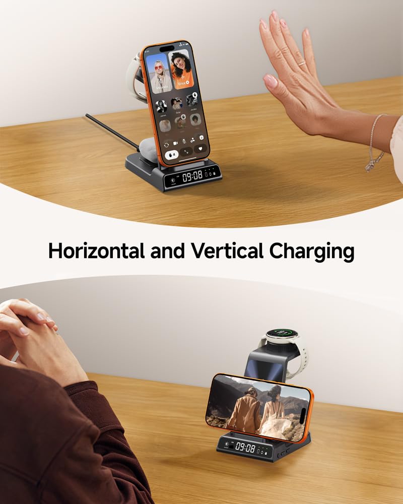 3 in 1 Kabellose Ladestation für Garmin Uhr Vivoactive/Venu/Forerunner/Instinct/Fenix/Epix 2, Ladegerät Ständer für Samsung S25/S24, für iPhone Air/17/16, für AirPods, für Galaxy Buds3 (Ohne Adapter)