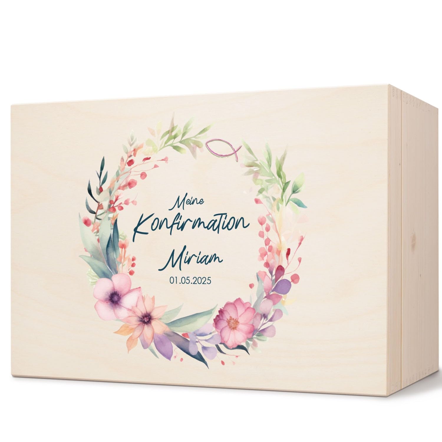 GRAVURZEILE Bedruckte Erinnerungskiste - Blumenkranz - Personalisiert mit Name & Datum - Erinnerungsbox für Mädchen & Jungen - Geschenk zur Kommunion, Konfirmation & Taufe - Erinnerungsbox