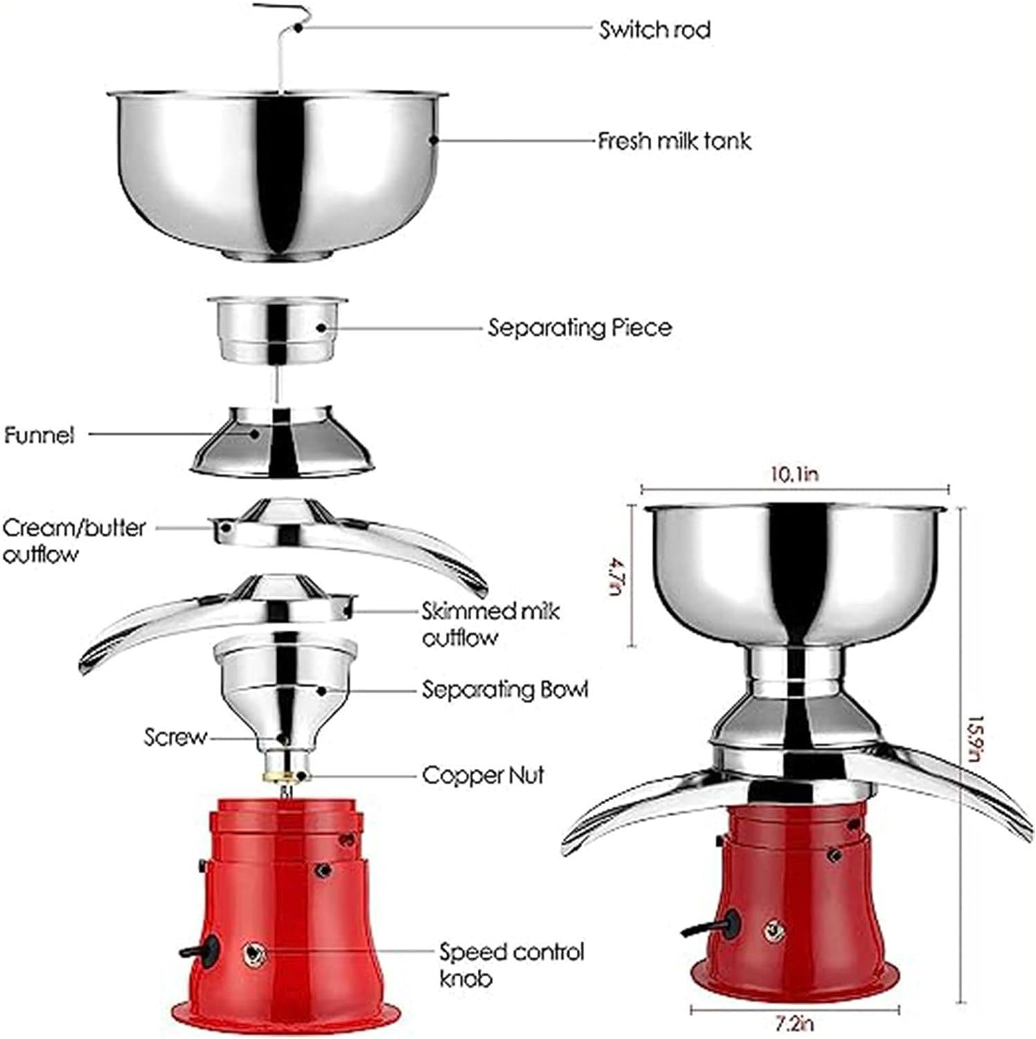 Produktbild von KANBCNG Elektrische Milch-Sahne-Zentrifuge 50L/h – Einstellbares Trennverhältnis 1:4–1:10, Abnehmbar, Mit Transformator, Edelstahl