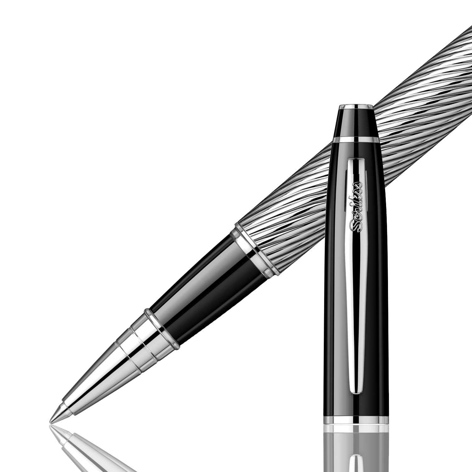 Scrikss Długopis kulkowy, czarny, chromowany, spiralny, mosiężny korpus, chromowane wykończenia, seria 35C, nowoczesny i elegancki, idealny na prezent w biurze domu