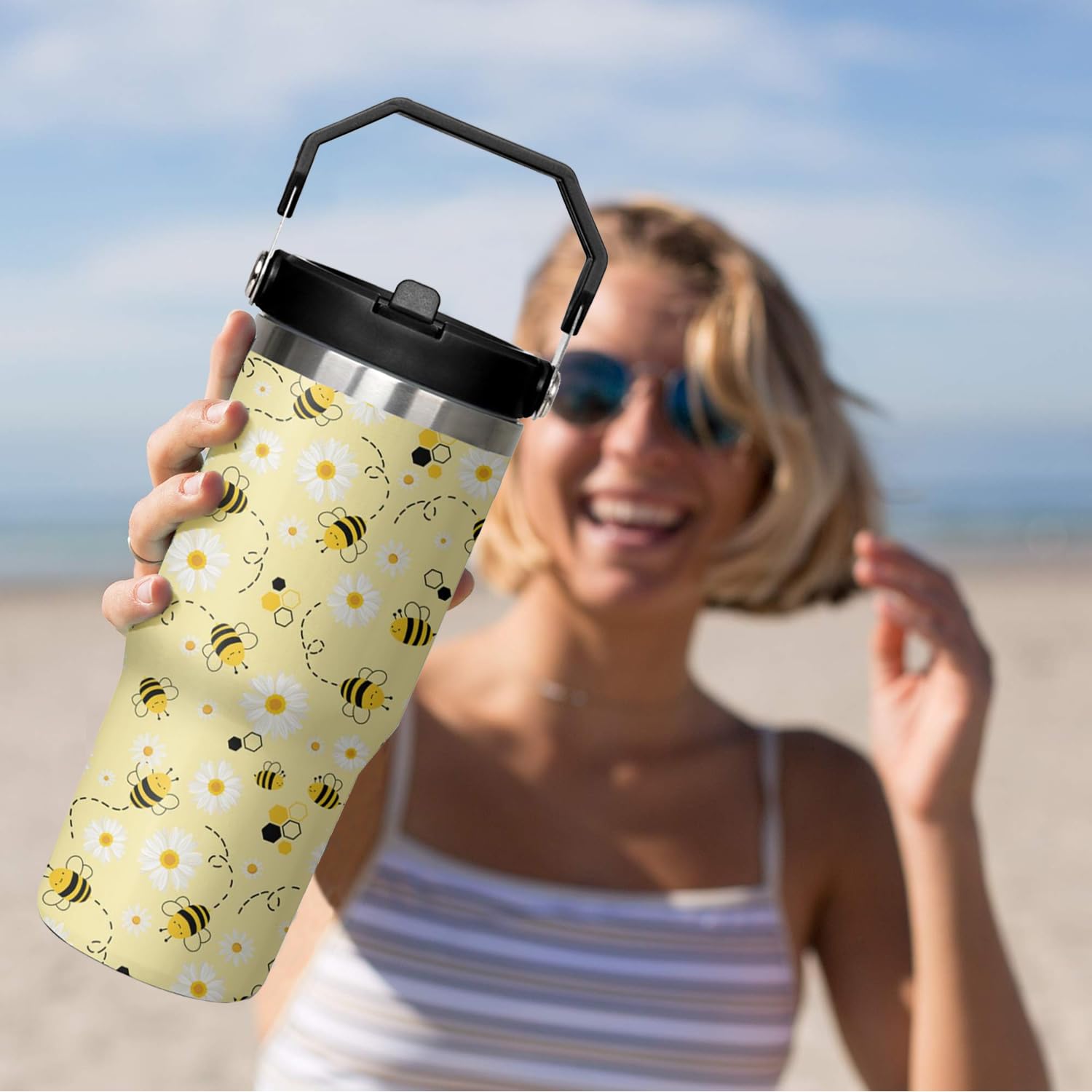 qwpmvhsak 30 oz Bee tumbler With Handle Lid and Straw,Queen Bee