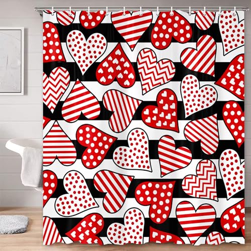 Pinpai Valentine'S Day Shower Curtain, Red Heart With Black White Stripes Shower Curtain Set For Bathroom thumb #2