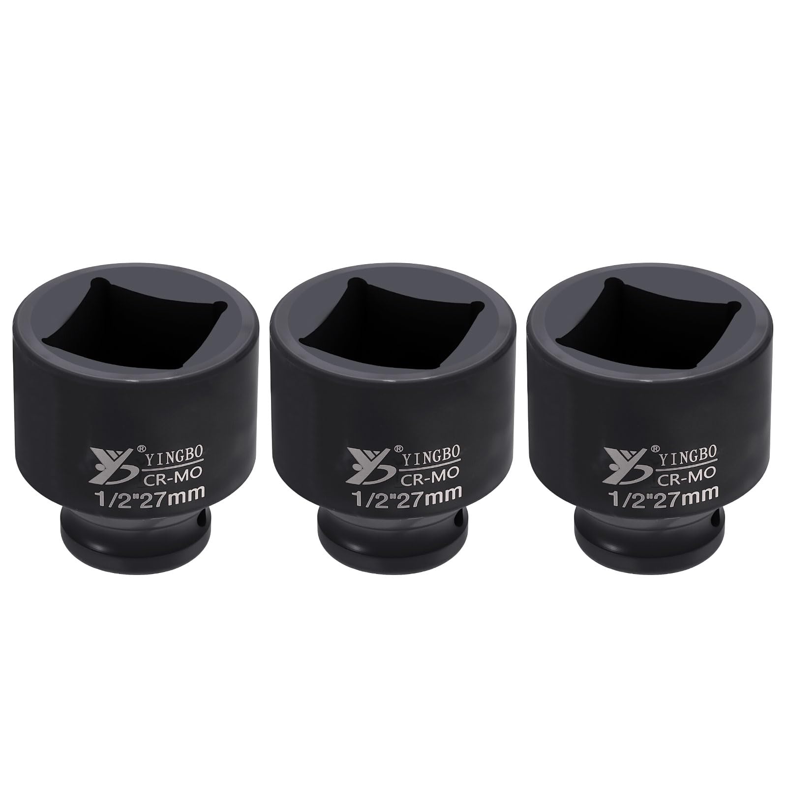 sourcing map 3pcs 4 Point Square Socket 1/2" Drive 27mm Metric Square Impact Socket 1.6" (40mm) Long 40CR Steel Phosphating Standard Wheel Sleeve Tool for Auto Repair Mechanical Home Use