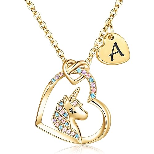 Hidepoo Graduation Gifts - Unicorn Gifts for Girls, 14K Gold/White Gold/Rose Gold Plated CZ Heart Unicorn Necklaces for Girls Jewelry Initial Unicorn Necklace Graduation Unicorn Gifts for Girls Teen