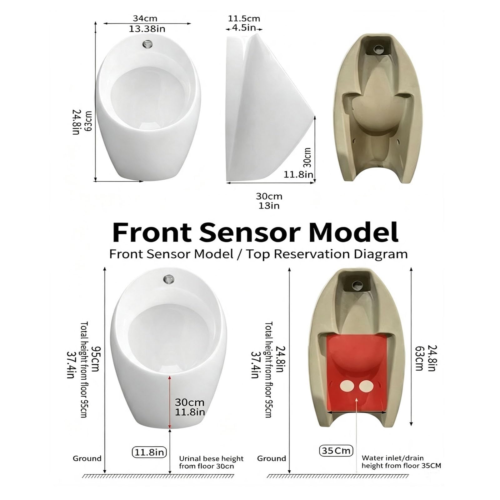 Urinario Sensor Infrarrojos Cerámica Urinario Mural Suspenso Automatizado | Salida de Agua Vertical, Superficie Esmaltada Uso Sin Contacto para Baño Público Hostelería y Oficinas