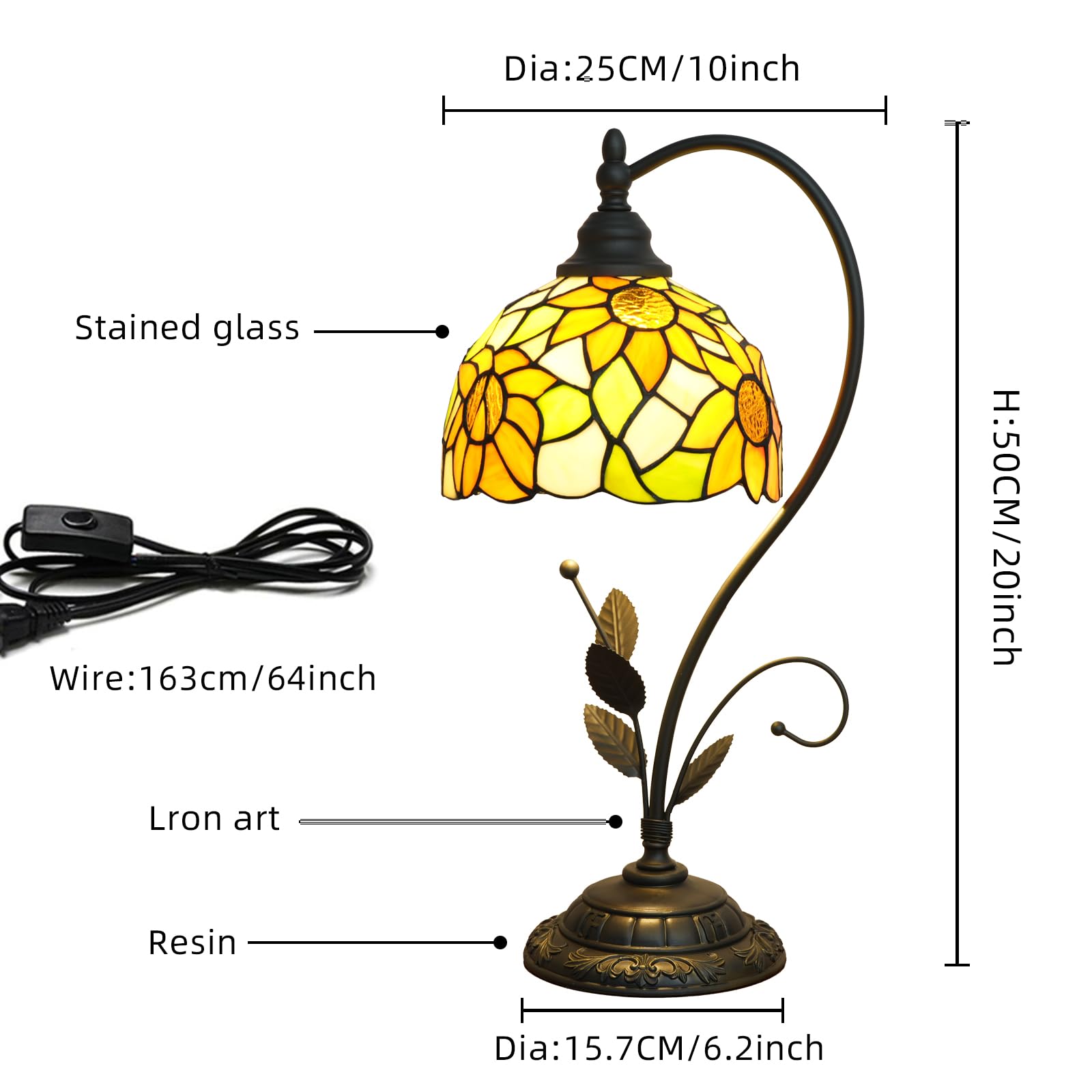 Tiffany Tischlampe Sonnenblume Gelb Glasmalerei Lampe Tiffany Stil S Blätter Vintage Schreibtisch Licht für Nachttisch Wohnzimmer Büro Schlafsaal Esszimmer