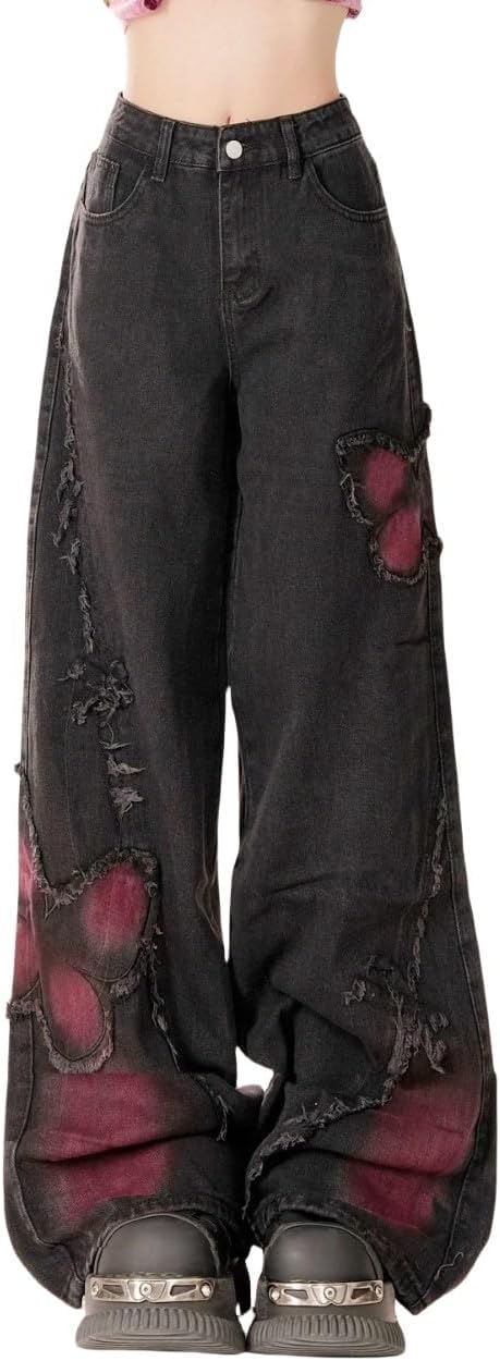 Y2K Baggy Ripped Jeans for Women – Wide Leg Butterfly Print & Star Patch Distressed Denim Pants High Waist Streetwear
