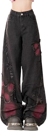 Y2K Baggy Distressed Jeans for Women Wide Leg Butterfly/Star Patch