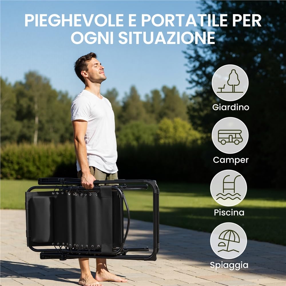 Yaheetech Sedie a Sdraio Pieghevoli a Gravità Zero con Vassoio Rimovibile Poltrona Relax per Piscina Giardino Esterno Spiaggia Nero