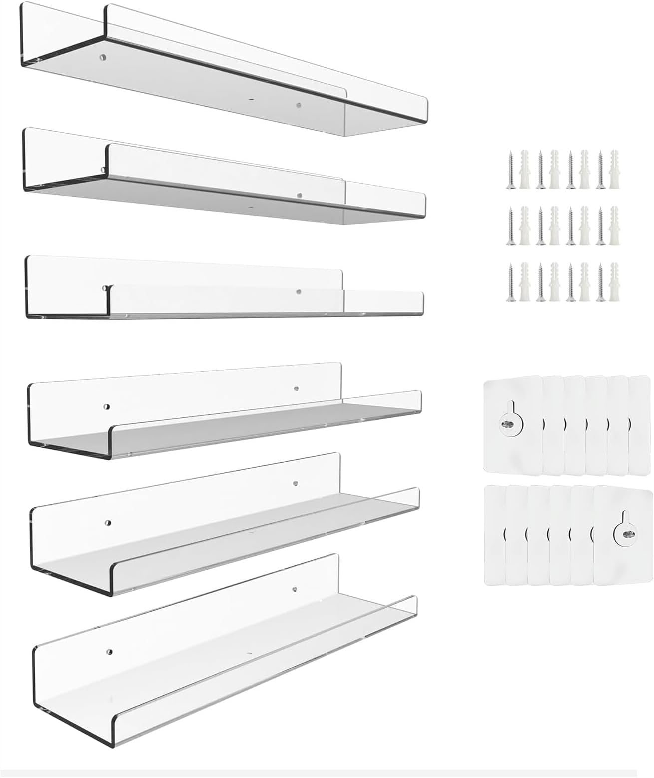 U-HOOME 6 Pcs Clear Acrylic Shelves for Storage, 15" Floating Shelves Wall Mounted for Kids Floating Bookshelf,Kids Book Display Shelves Ledge Shelves for Bedroom, Living Room, Bathroom, Kitchen (6)