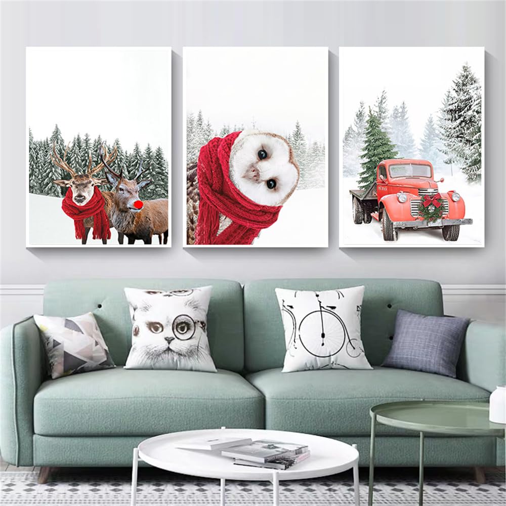 WBYZAC Wall Pictures-Poster Winter Reindeer Owl Snow Forest Mural Art Wall Pictures Posters and Printmaking Living Bedroom Kitchen Room Decor Artwork-30 * 50cm*3PCS (No Frame)