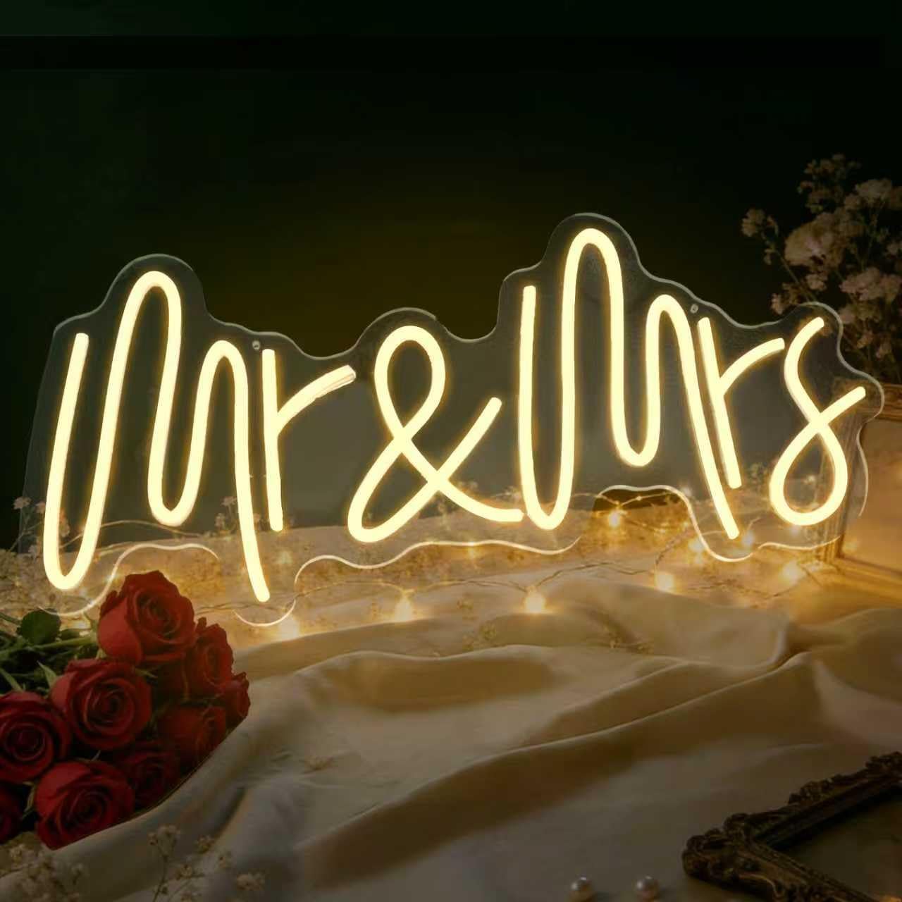 Mr & Mrs Neon Sign Warm White 19.6x8.6 Inch LED Neon Light for Wedding Anniversary Bridal Shower Wall Decor