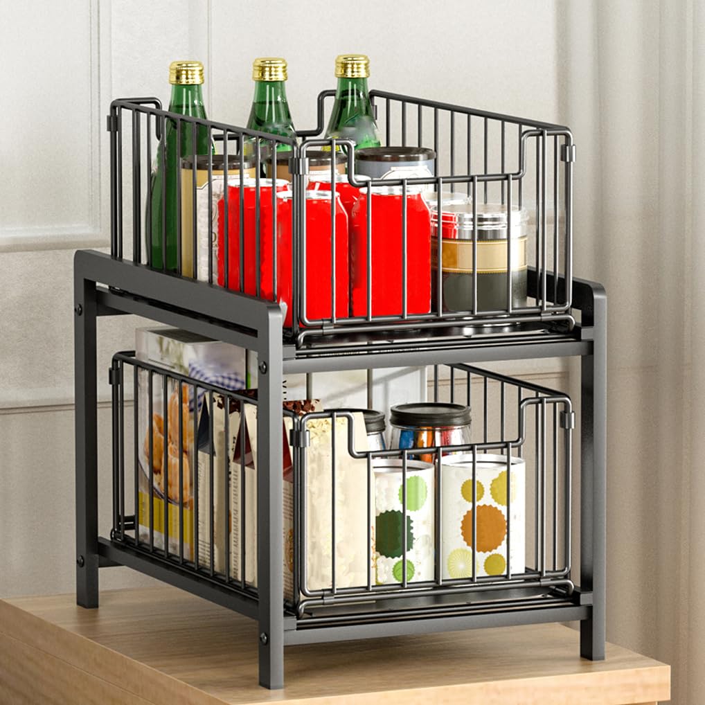 Organizador de 2 niveles para debajo del fregadero, armario de cocina, estante de almacenamiento para ahorrar espacio, estante de baño con cajón extraíble deslizante, cesta de encimera