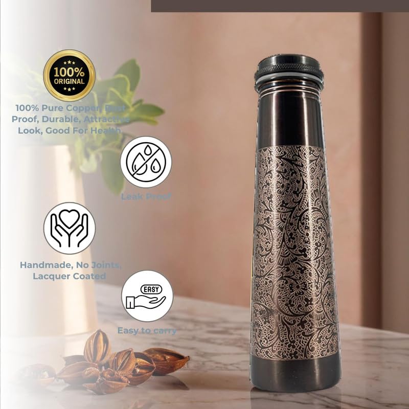 Image of Elegant Copper Finish Bottle & Glass Gift Set - Engraved Chakra & Geometric Design 1L Leak-Proof Bottle with 2 Matching 300 ml Water Glass Tumblers in Premium Black Box