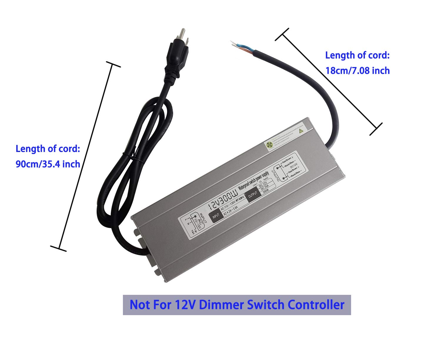 300w Waterproof Power Supply Transformer,110-130v AC to 12v DC Output 25a Power Supply Adapter with 3 feet Cable for Outdoor Use