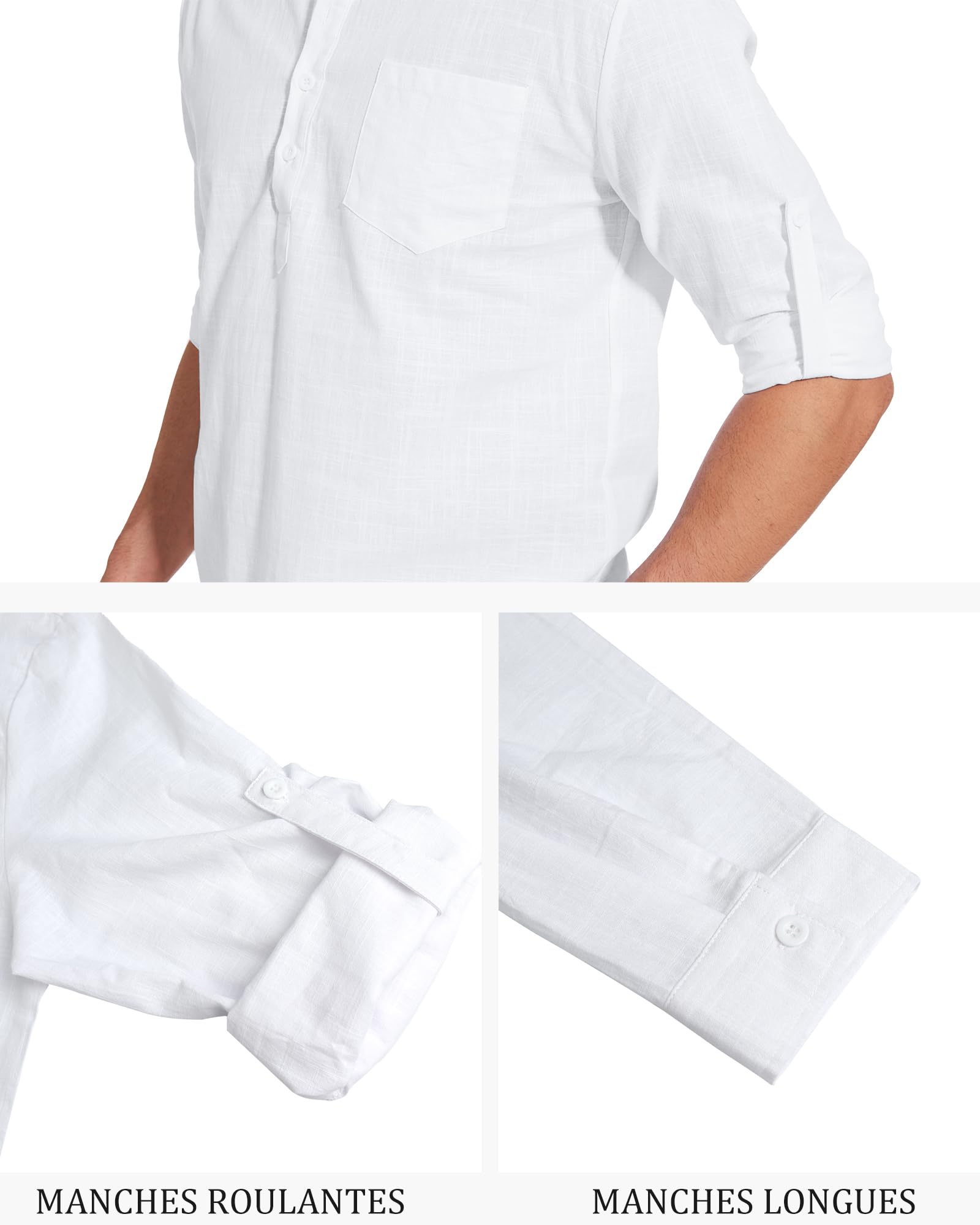 YAOBAOLE Chemise Lin Homme Manches Longues Chemisette Décontractée Homme Col Mao Chemise Eté Leger de Plage